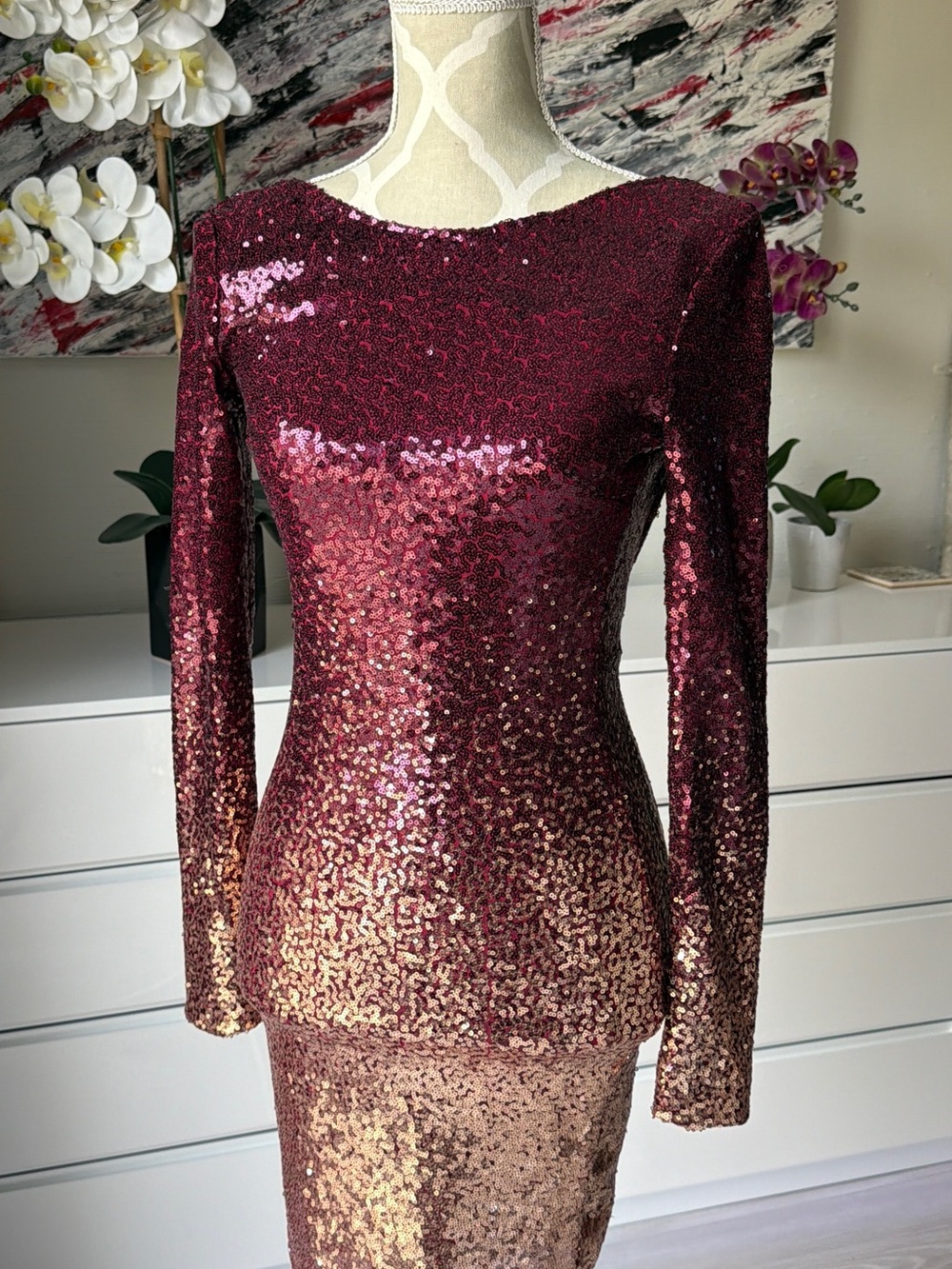 Revamped Burgundy to Rose Gold Sequin Ombre Long Sleeve Dress Size XS